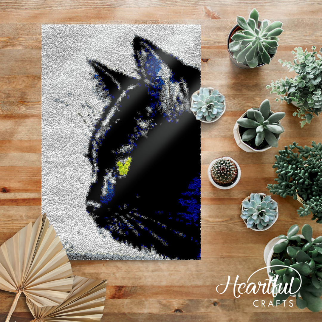 Contemplating Black Cat Latch Hook Rug by Heartful Crafts