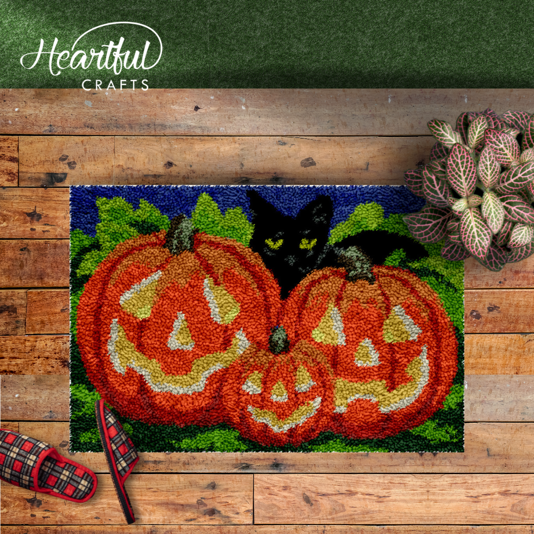 3 Pumpkins and a Guardian Latch Hook Rug by Heartful Crafts