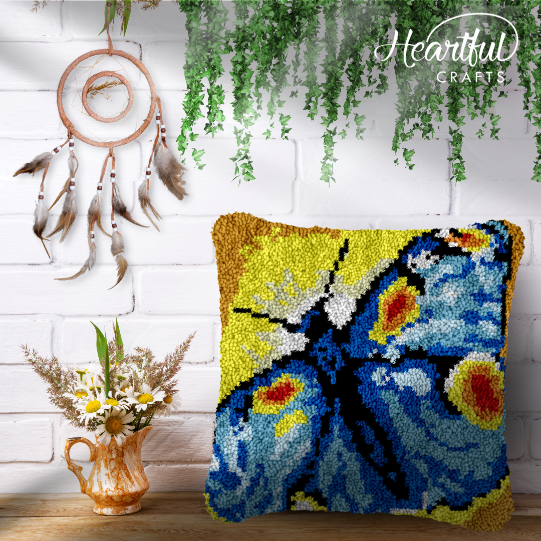 Azure Butterfly Latch Hook Pillowcase by Heartful Crafts