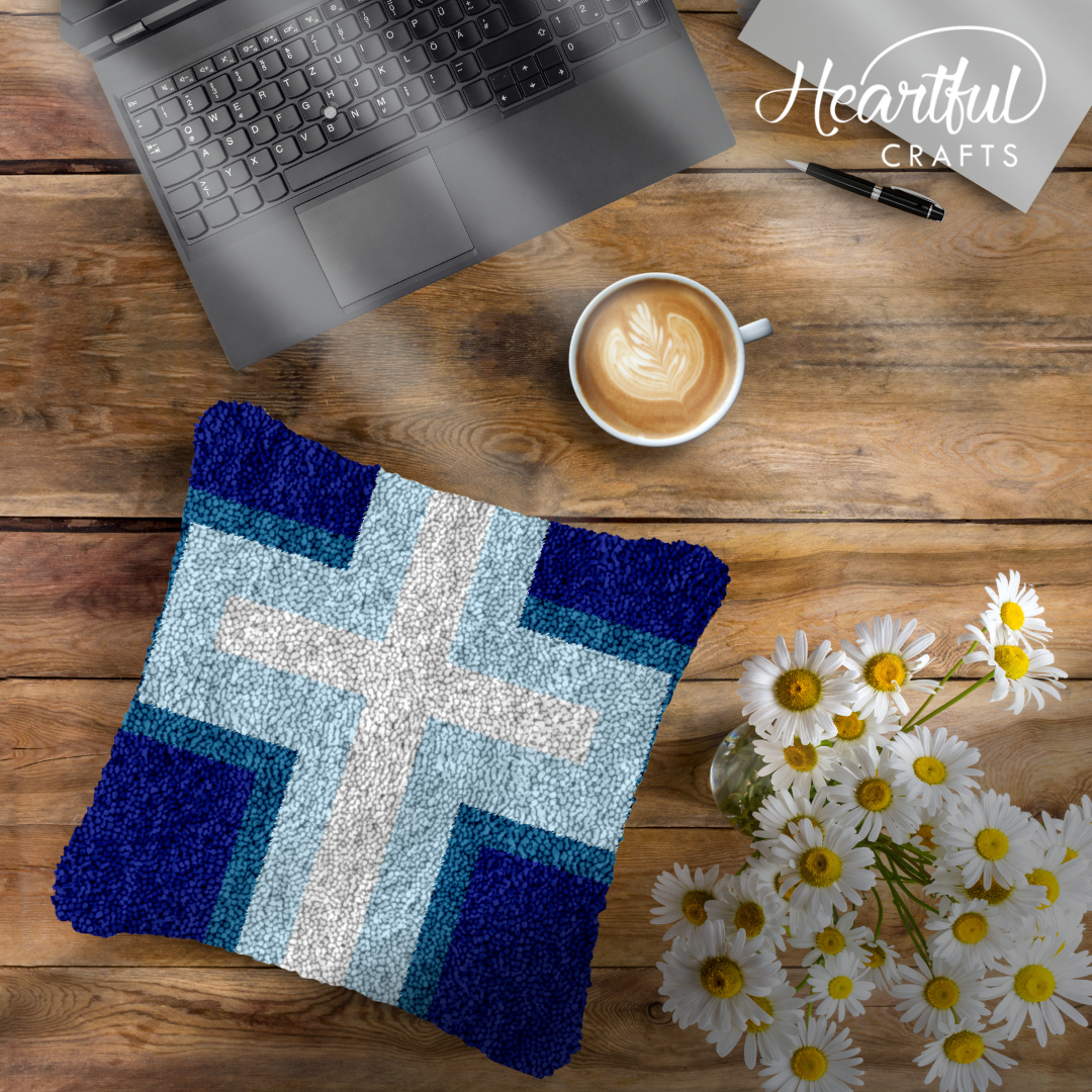 White Blue Cross Latch Hook Pillowcase by Heartful Crafts