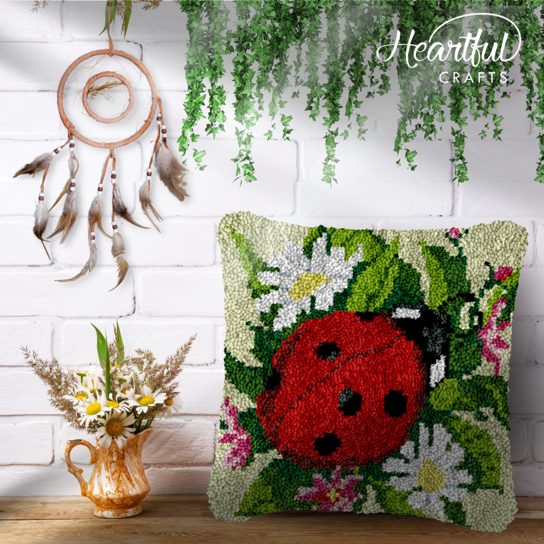 Ladybug and Flowers Latch Hook Pillowcase by Heartful Crafts