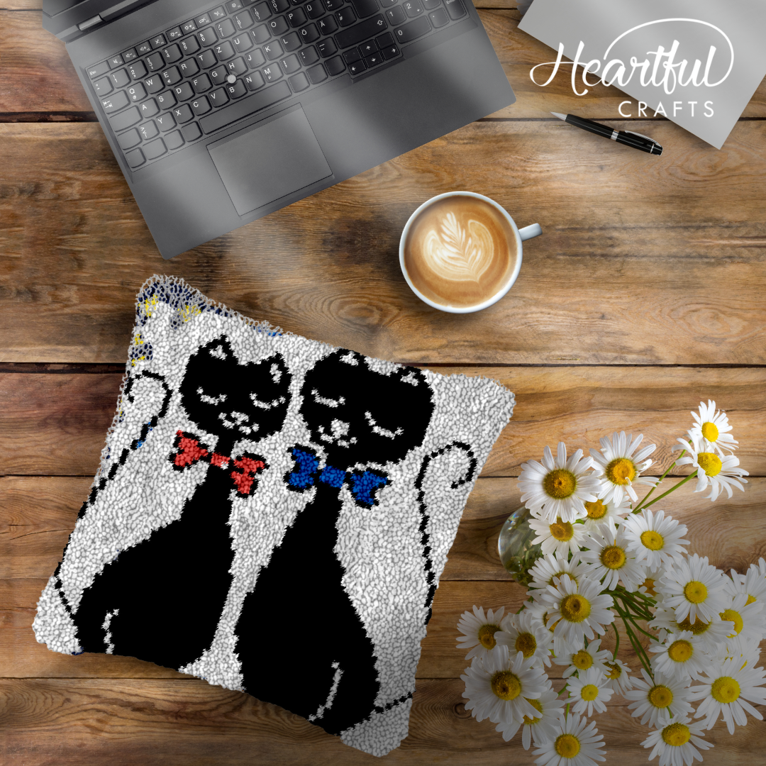 Black Cat Couple Latch Hook Pillowcase by Heartful Crafts