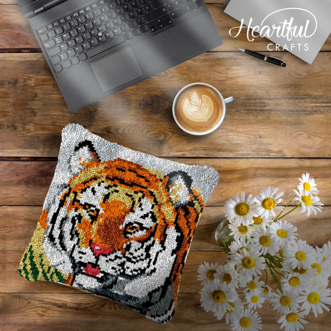 Happy Tiger Latch Hook Pillowcase by Heartful Crafts