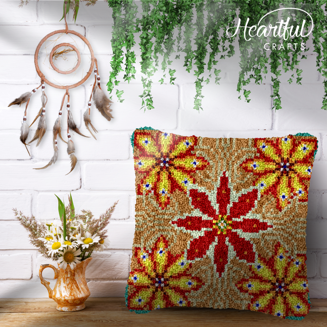 Red Flower Pattern Latch Hook Pillowcase by Heartful Crafts
