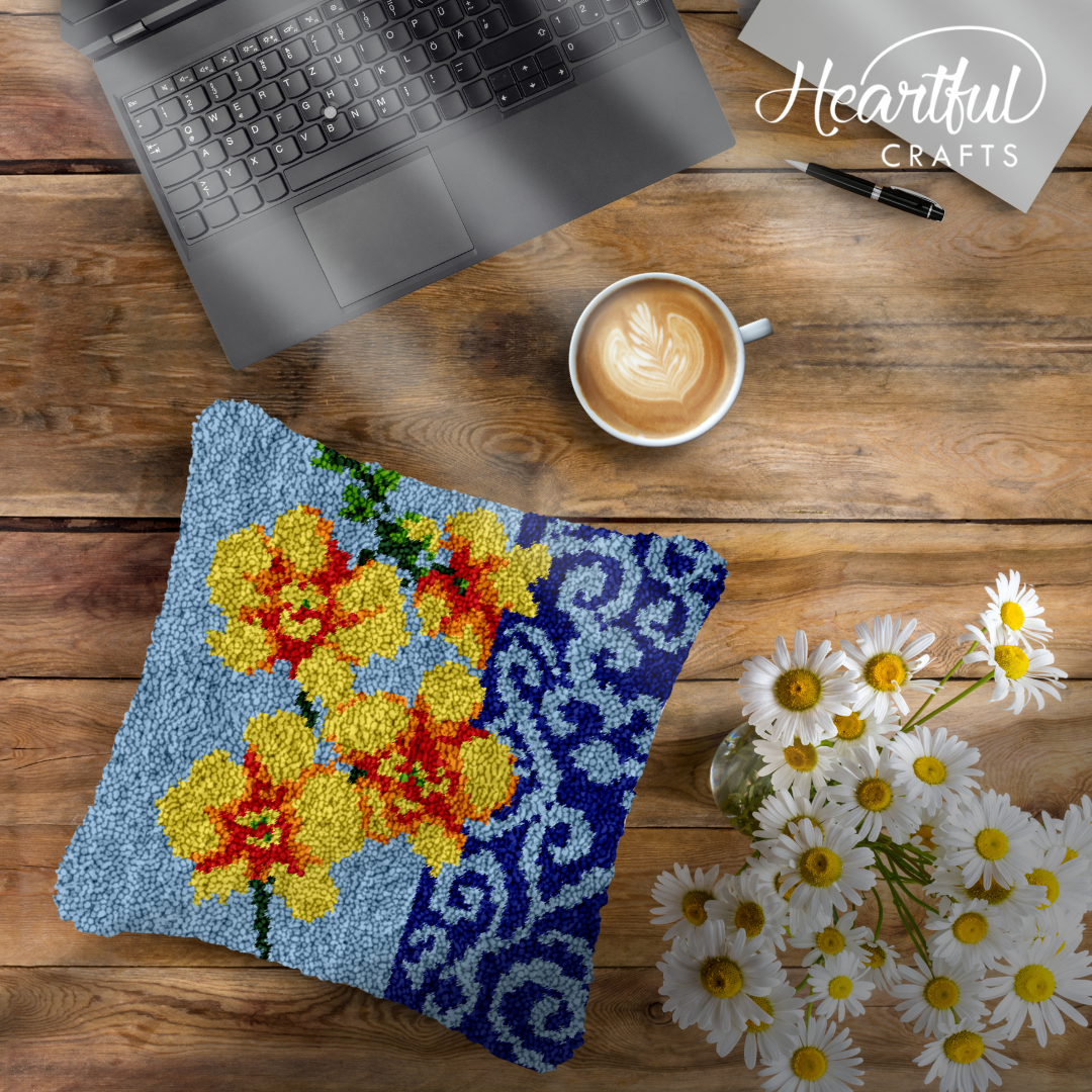 Blue Floral Pattern Latch Hook Pillowcase by Heartful Crafts