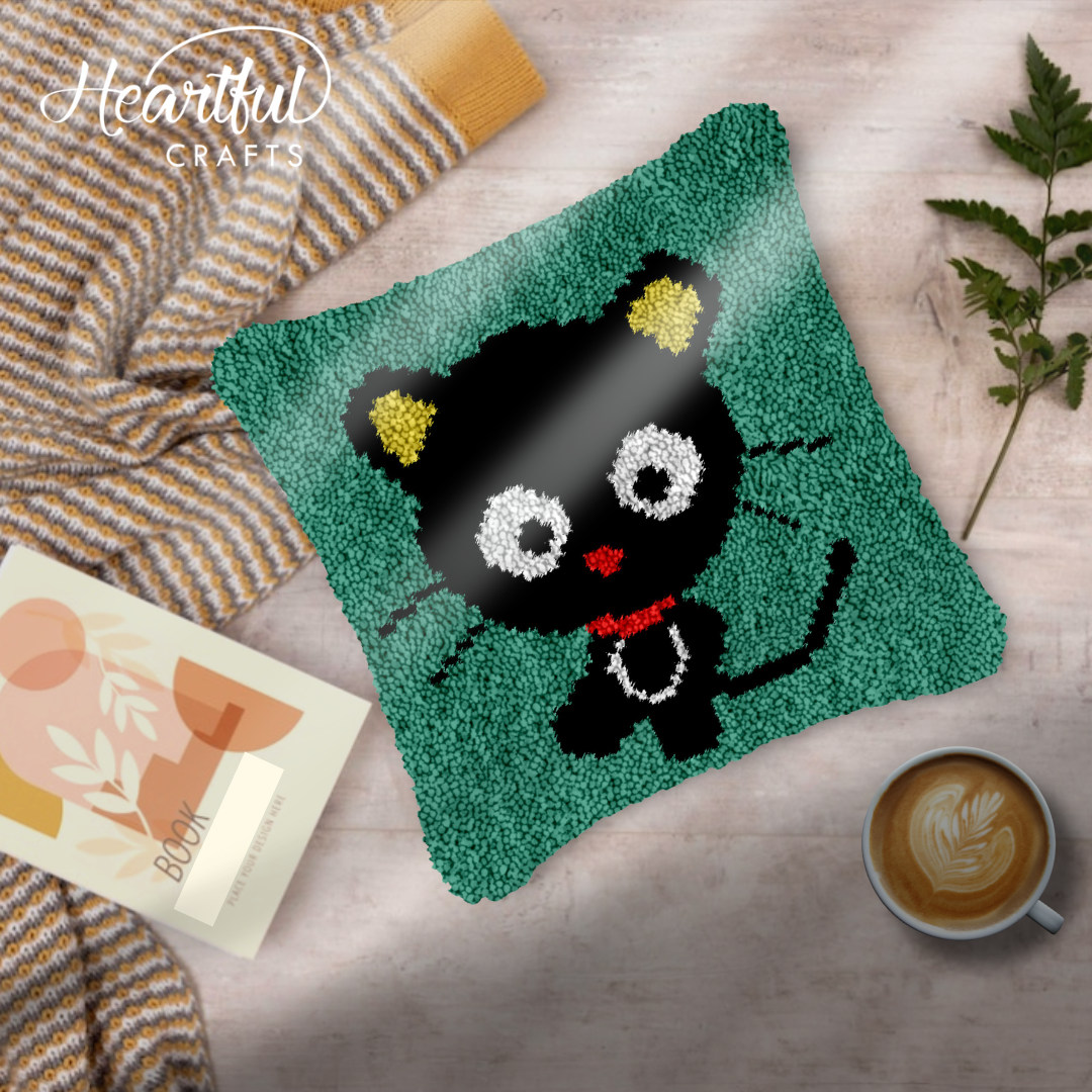 Black Cat Kitten Latch Hook Pillowcase by Heartful Crafts