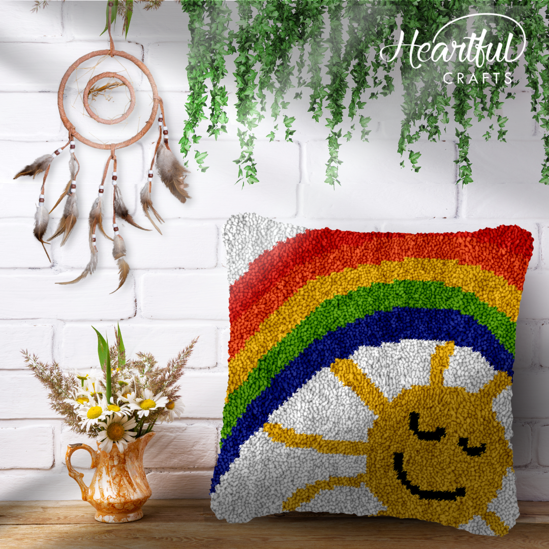 Rainbow Over Sun Latch Hook Pillowcase by Heartful Crafts