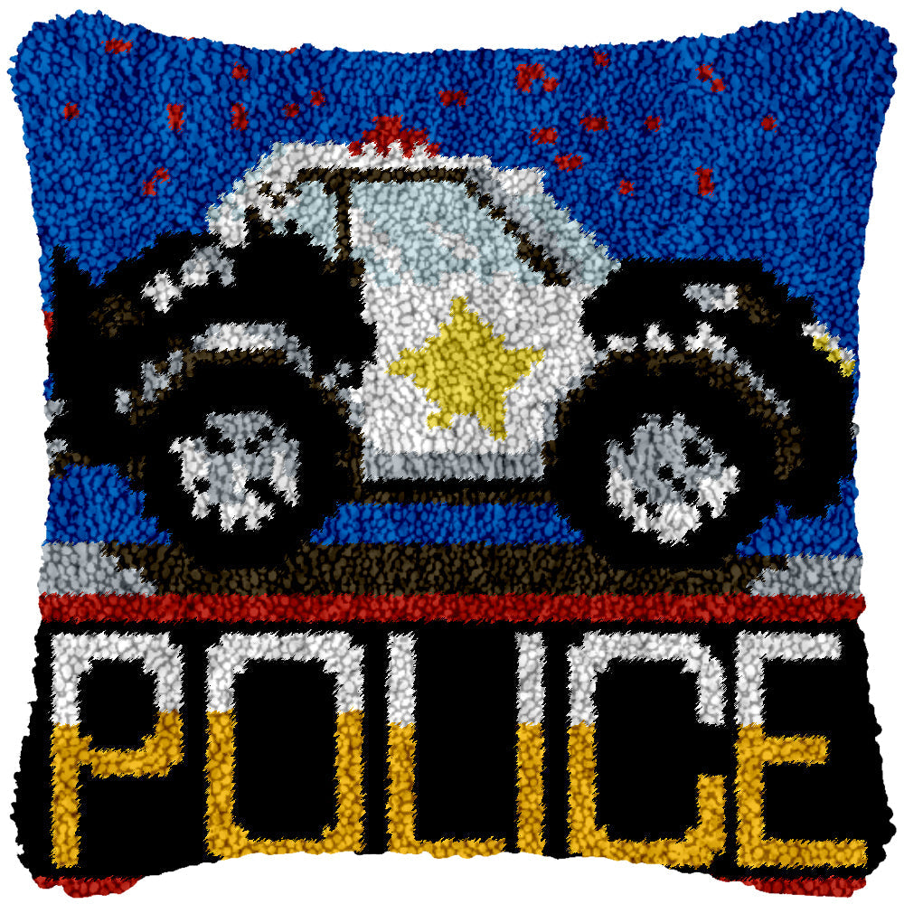 Police Car Latch Hook Pillowcase by Heartful Crafts