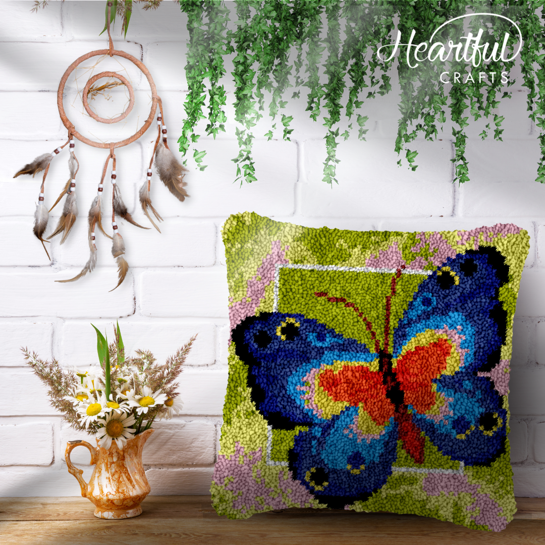Red Blue Butterfly Latch Hook Pillowcase by Heartful Crafts