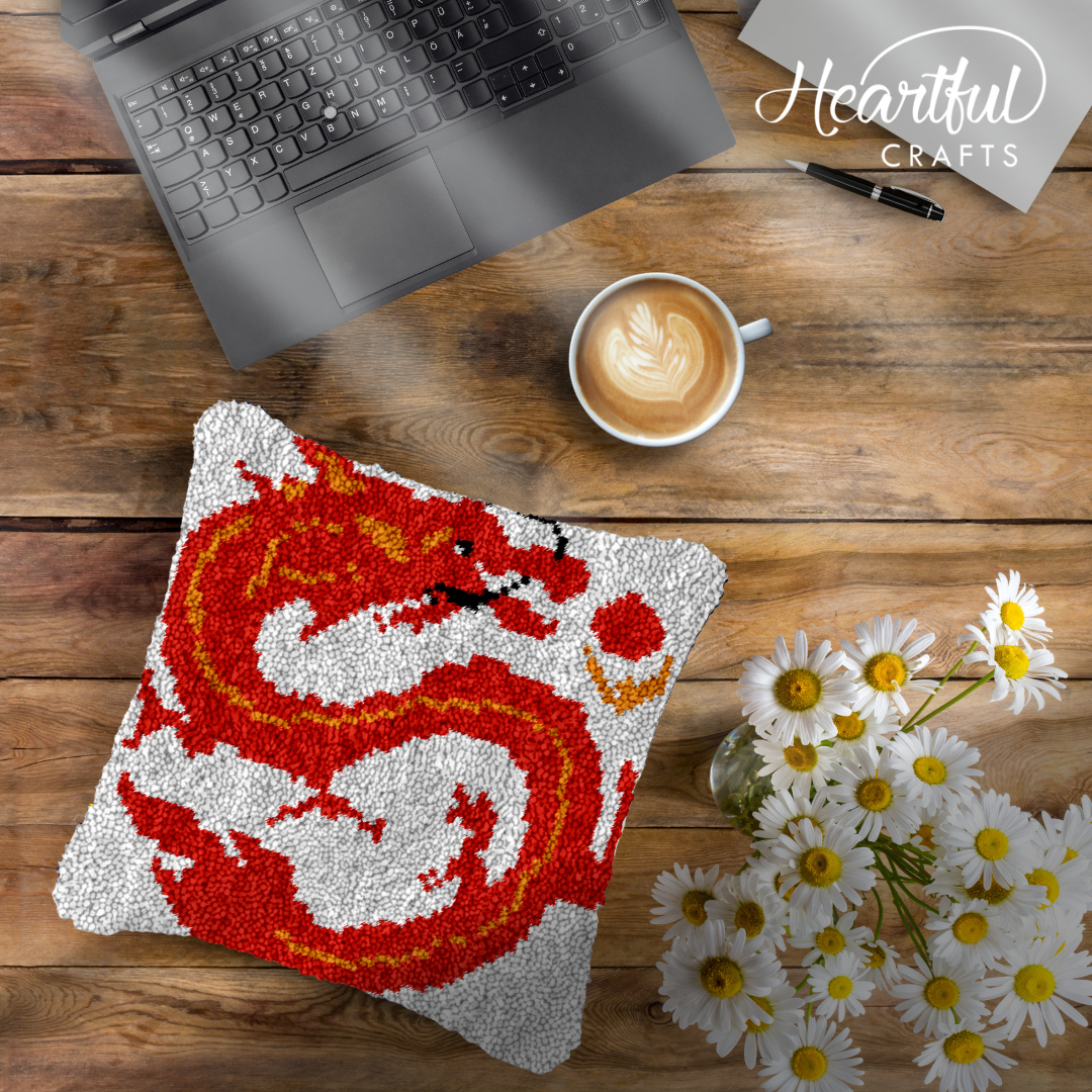 Red Oriental Dragon Latch Hook Pillowcase by Heartful Crafts