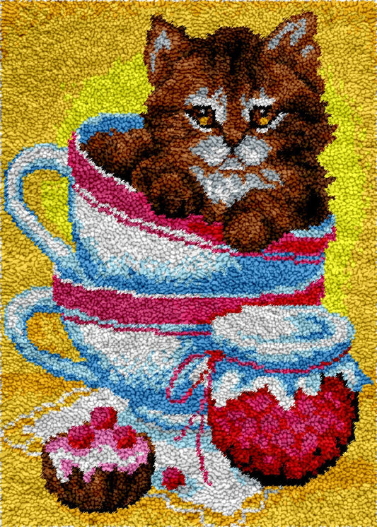 Cups and Kitty - Latch Hook Rug Kit - Latch Hook Crafts