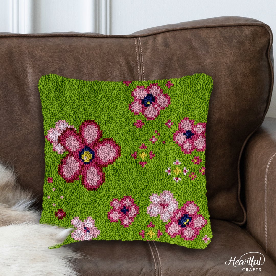 Field of Pink Flowers - Latch Hook Pillowcase Kit - DIY Latch Hook