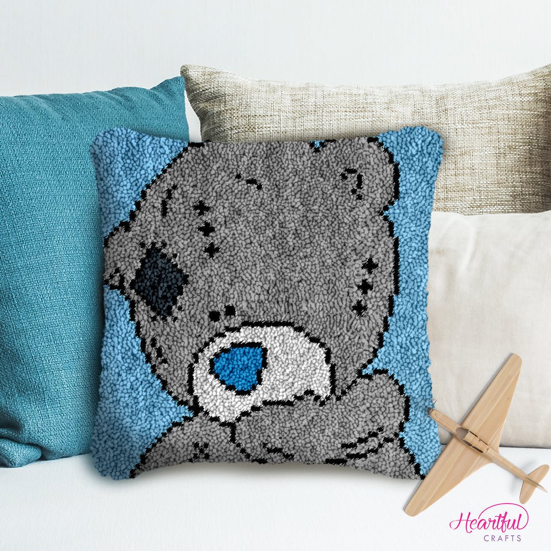 Grey Bear (Blue) - Latch Hook Pillowcase Kit - Latch Hook Crafts