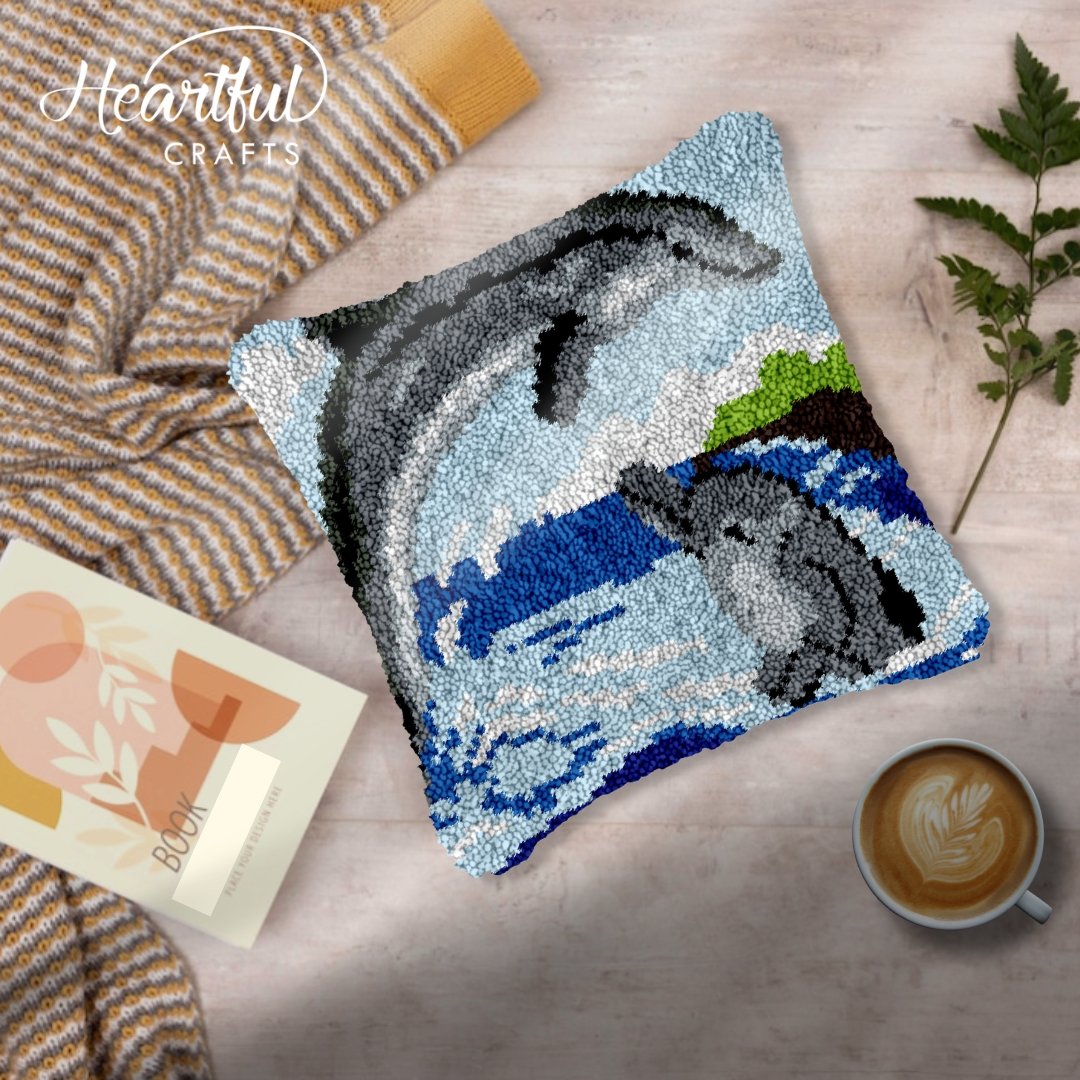 Mom and Baby Dolphin - Latch Hook Pillowcase Kit - diy-latch-hook