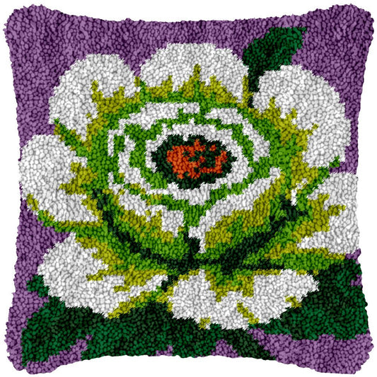 White Peony on Purple - Latch Hook Pillowcase Kit - DIY Latch Hook